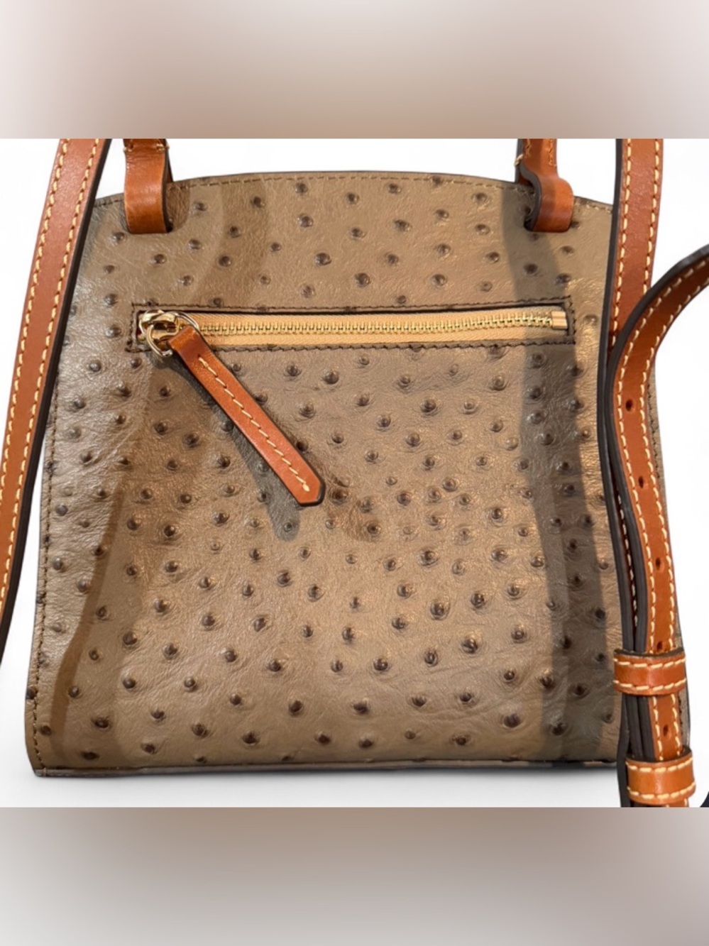 Dooney & Bourke Taupe Ostrich-Embossed Crossbody with Tan Trim - Picture 3 of 5